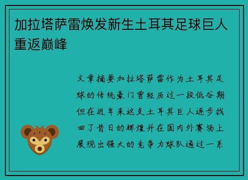 加拉塔萨雷焕发新生土耳其足球巨人重返巅峰